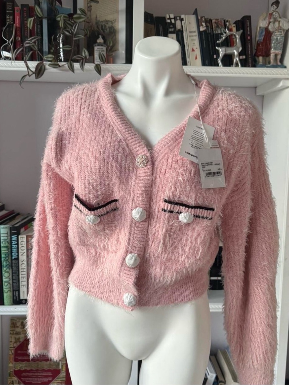 Self-Portrait Pink Fuzzy Cropped Cardigan with Embellished Buttons